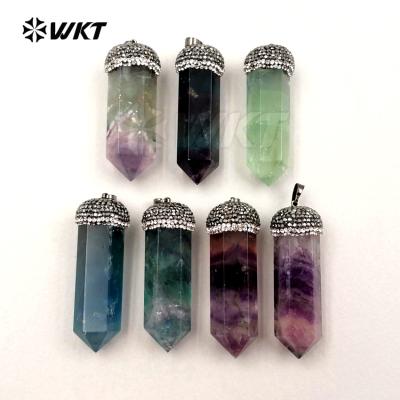 China WT-NP301 New Fashion WKT Religious Pendant Natural Colored Fake Stone Pave Quartz Point Gemstone Fluorite Crystal Pendant For Gift for sale