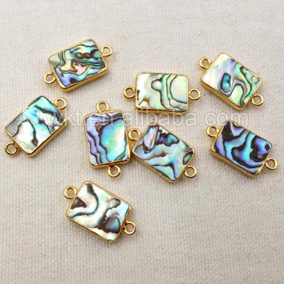 China WT-C203 Natural Green Abalone Brass Shell Connector, High Quality Real 24k Gold Plated Double Ring Rectangle Abalone Shell Connector for sale