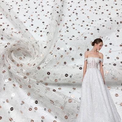 China Breathable Custom Polyester Cotton Soft Embroidery Net Bridal White Color Sequin Lace Fabric for sale