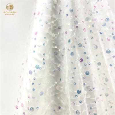 China Viable Factory Wholesale Glitter Lace Fabric Wedding Apparel 2021 New For Women Mesh Sequins Fabric White Bridal Lace Fabric for sale