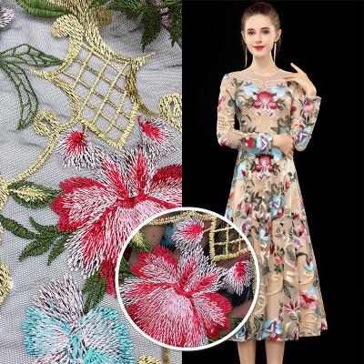 China Wrinkle Resistant Custom Design Embroidery Lace Fabric Lot Stock Beautifical Flower Mesh Polyester Cotton Decorated Embroidered Fabric for sale