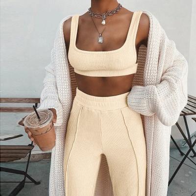 China 2021 Women Crop Breathable Hot Selling Casual Knitted Two Piece Set Tops And Trotter Panties Outfit for sale