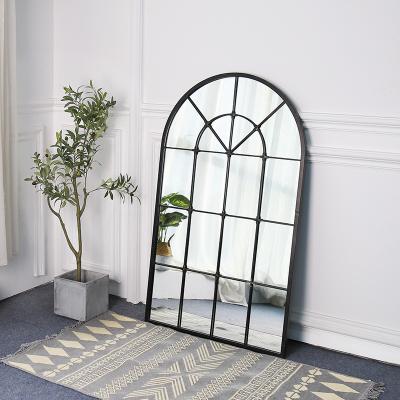 China Contemporary Large Glass Arched Mirror Rust Proof Garden Wall Mirror Antique Metal Framed With Customized Color for sale