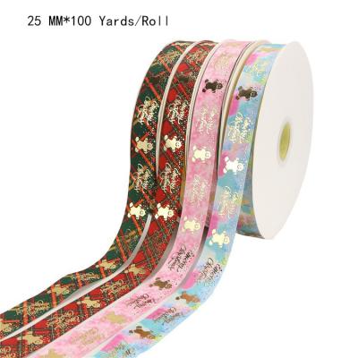 China High Tenacity Keering Satin Plaid Bear Printing Ribbon For Christmas Gift Wrapping, Wedding Decoration 100 Yards Bun for sale