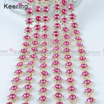 China Flatback Crystal Rhinestone And Beaded Pearl Chain With Pink Color WRC-364 for sale