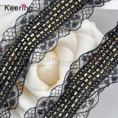 China Handmade Gold Beaded Trim With Ball Cooper Chain Sew On Black Mesh For Clothes Neck Band Decoration WTPE-194 for sale