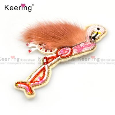 China custom 3D flamingo embroidery feather patch beads decorate on clothes WPHB-952 for sale