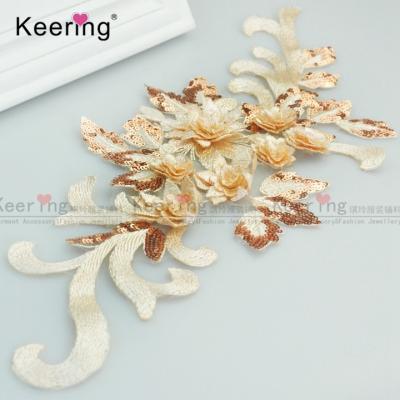 China New Fashion 3D Bridal Lace Applique With 3D Flowers Sequins For Wedding Dress Decoration WEF-893 for sale