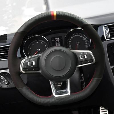 China Hand-stitched Luxury Carbon Fiber Black Suede Car Steering Wheel Cover for sale