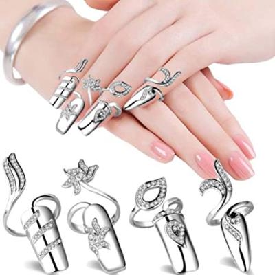 China FASHION Women Crystal Rhinestone Nail Tips Rings Art Ring Nail Charms for Women Girls Shape Nail Rings for sale