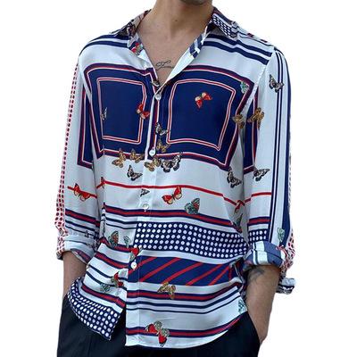 China Autumn European-American Style Men's Casual Breathable Long Sleeve Striped Oversized Lapel Printed Shirt for sale