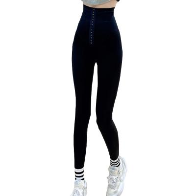 China 14 Row Buckle High Waisted Pants Breathable Tight Hip Lifting Body Shaping Women's Yoga 9 Point Pants for sale