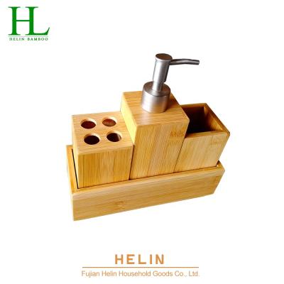 China Sustainable Bamboo Bathroom Accessories Sets / Wooden Bathroom Sets Complete With Soap Dispenser, Toothbrush Holder for sale