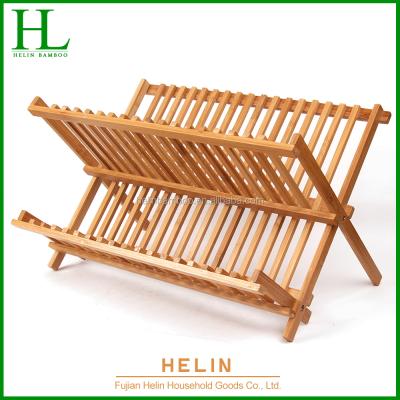 China Sustainable Bamboo Wood Double Layers 2 Rows Dish Rack Drier for sale