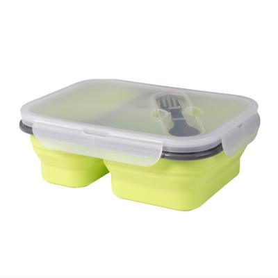 China 3 Compartment Viable Kids Leak Proof Collapsible Bento Reusable Food Storage Containers Kids Silicone Lunch Boxes With Fork for sale