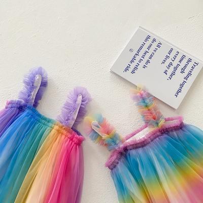 China 2021 Breathable Baby Girl Dress Summer Spaghetti Tie Up Tulle Dresses Kids Party Dress Baby Sportswear Sleeveless Rainbow Color Dresses for sale