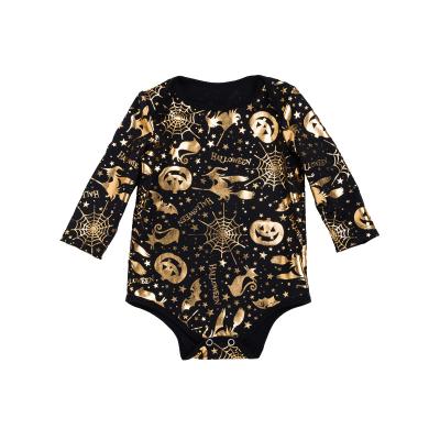 China Wholesale Sunmate China Toddler Baby Pumpkin Witch Cotton Gold Print Infant Long Sleeve Halloween Romper for sale