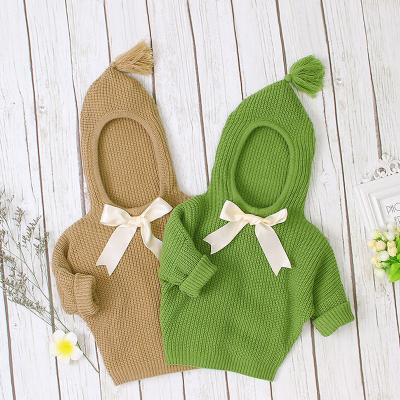 China Anti Shrinkage Babies Plain Knitwear With Ribbon Bow Sleeve Crochet Along Wholesale Baby Clothes Pullover Knitted Sweater for sale