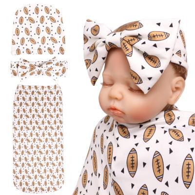 China Anti-pilling Baby Wrap Wholesale Newborn Infant Baby Boys Bamboo Cotton Wrap Cartoon Print Headband Set Sleep Covering Wrap for sale