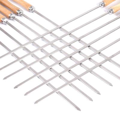 China Sustainable Reusable Stainless Steel 12Packed BBQ Metal Grilling Skewers Set With Handle Wooden Stick Outdoor Camping Tools for sale