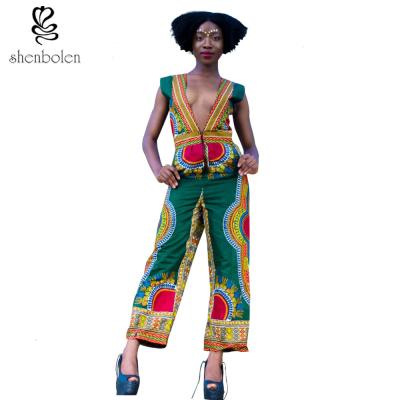 China Deep V Neck Sleevless African Wear Print Jumpsuit Designs For Womens / Ladies for sale