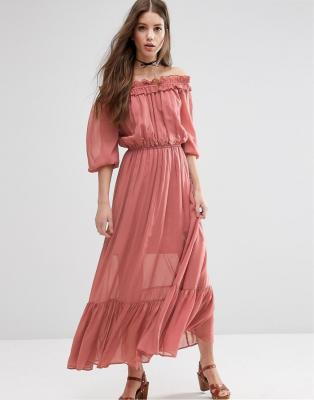 China Off The Shoulder Strapless Chiffon Formal Maxi Dresses With Frill Tiers Midi Length for sale