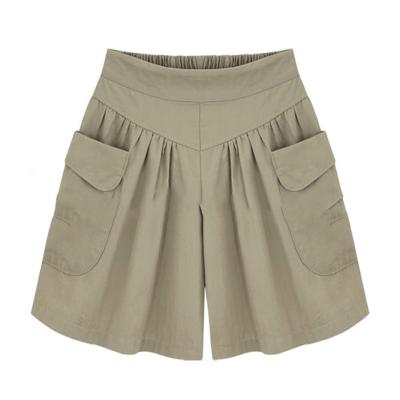 China Stretch Waist Khaki Cotton Womens Casual Shorts Wide Legs Wear Comfortable for sale