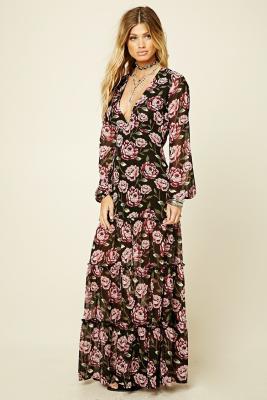 China Floral Print Sexy Womens Chiffon Formal Dresses V Neck Long Sleeve Multi Colors for sale