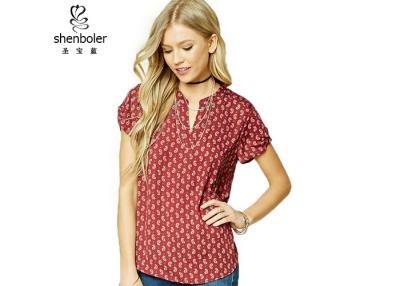 China Paisley Print Womens Chiffon Tops Red Short Sleeves Slit Neck Chiffon Top for sale