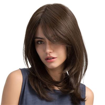 China Dark Brown Regular Shoulder Length Natural Hair Wig High Temperature Wave Full Lace Wig for sale