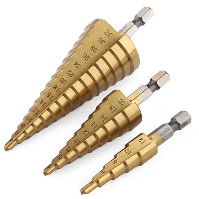 China Wood Wholesale Hexagonal Hexagonal Step Hole Cutter Handle Pagoda Bits HSS Step Bit Drilling 4-32mm Electric Drill Bits for sale