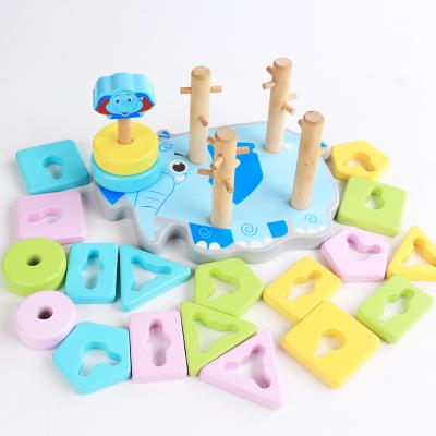 China Eco-friendly Material Kids Montessori Educational Columns Train Match Toy Wooden Cartoon Animal Blocks Game for sale