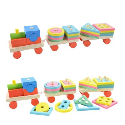 China Children's Learing Toys Montessori Wooden Stacking Shape Geometry Blocks Train Toy For Kids for sale