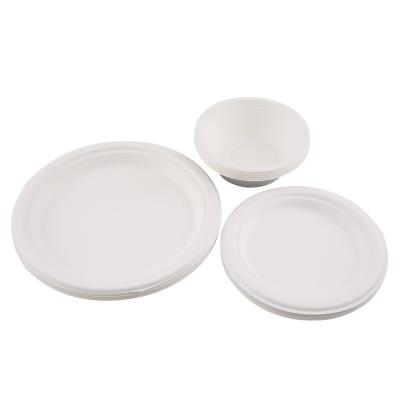 China Eco-friendly 100% compostable biodegradable 7 inch bagasse disposable white dish, made of natural sugarcane fibers biodegradable paper plates for sale