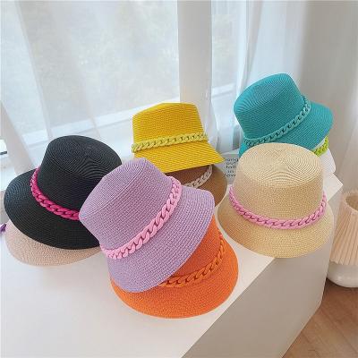 China 2021 Korean Ladies Eco-friendly Straw Hat Chain Basin Hat Casual Logo Sun Hat Custom Made Summer for sale