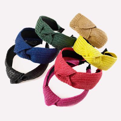 China Solid Color Straw Mat Woven And Knotted Headband Of Fashion Women's Version Of Wide Hair Accessories for sale