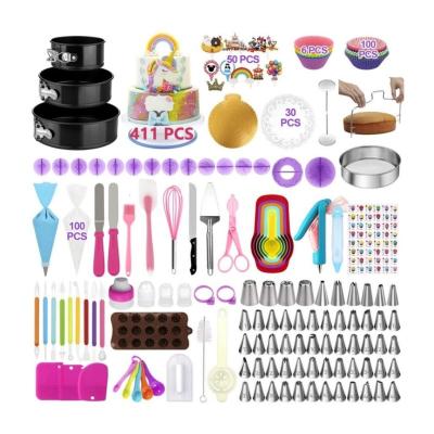 China Viable Wholesale 411 Pcs Baking Set With Piping Turntable Springform Cake Pans 3 58 Tips Pastry Bags Cake Decorating Kit for sale