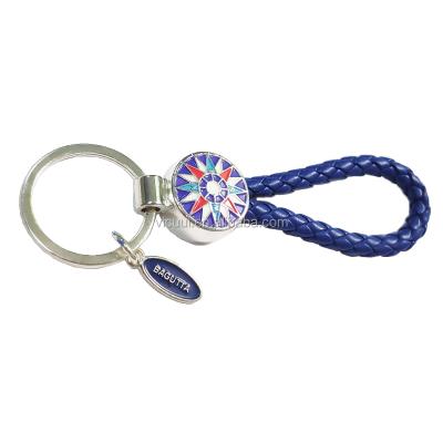 China Custom Blue Leather Woven Filling PU Rope Key Chain Metal Leather Key Chain for sale