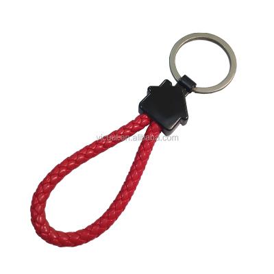 China Fashion Small House Shape Metal Key Chain Red Woven PU Leather Key Chain for sale