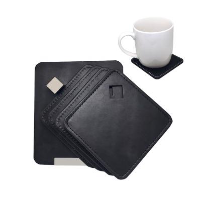 China Customized Sustainable Business High End Coaster Set Practical Black Leather Square Coaster for sale