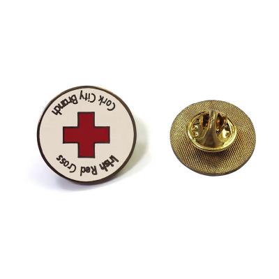 China Business Gift Promotion Wholesale Circular Red Cross Metal Butterfly White Clutch Badge for sale