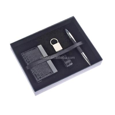 China Metal business gift name card holder+key chain +pen corporate business leather corporate gift set for sale