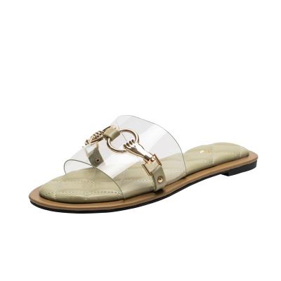 China Chinese supplier new transparent flat outdoor anti-slip with metal buckle chain women's slippers for sale