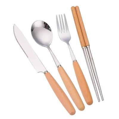 China Viable Hot Selling Stainless Steel Handle Chopsticks Knife Fork Wooden Spoon 4 Flat Dinnerware Set for sale