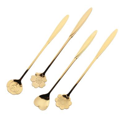 China Stainless Steel Viable Cherry Blossoms Rose Spoon With Long Handle Creative Gold Coffee Stir Blossom Spoon for sale