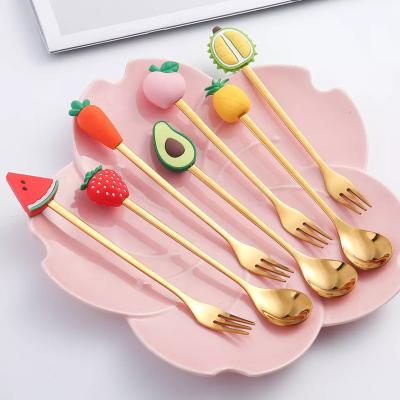 China Cute Fruit Design Stainless Steel Spoon Set Durable Handle And Fork Set Kids Cutlery for sale