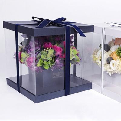 China Recyclable Popular Luxury Pink Mum Gift Packaging Square Mounted Flower Box Clear Plastic Flower Gift Box for sale