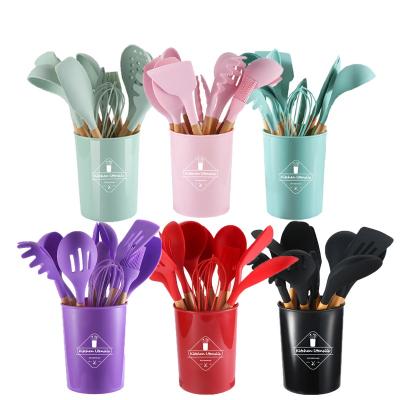 China Sustainable 12 Pieces In 1 Set Silicone Kitchen Accessories Cooking Tools Kitchenware Silicone Kitchen Utensils With Wooden Handles for sale