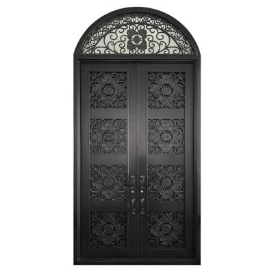 China Newest Artistic Wrought Iron Front Door Windproof Door Black Flower Iron Double Door en venta