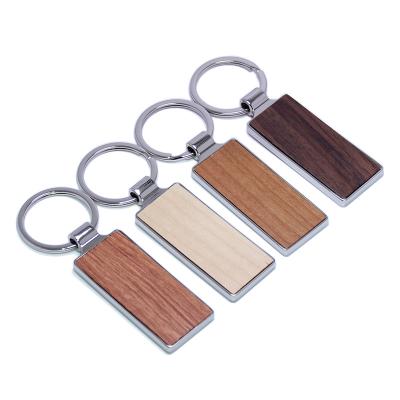 China Cherry Wooden Sticker Key Chain Ring Holder Promotion Good High Quality Rosewood Walnut Maple Wooden Rectangle Metal Key Chain Gifts for sale